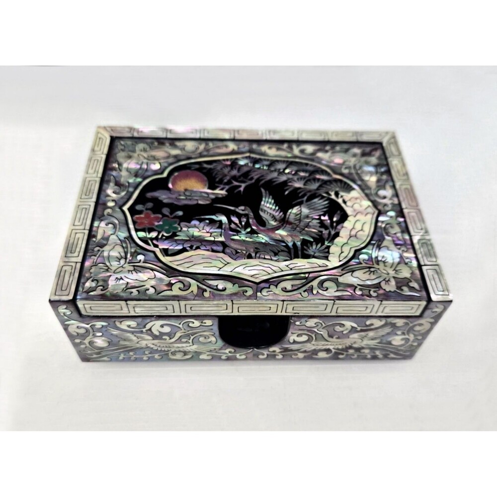 Mother of Pearl Jewelry Trinket Box Keepsake Box MOP Inlay Floral Cranes